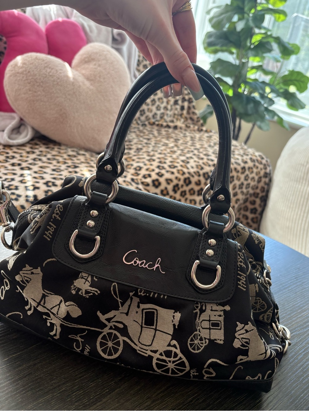 Vintage Coach Black Canvas & Leather Signature Carriage Satchel